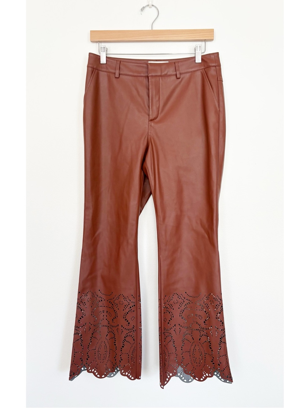 Anthropologie ||‎ Laser-Cut Faux Leather Trousers Crop Flare Cognac Brown 4